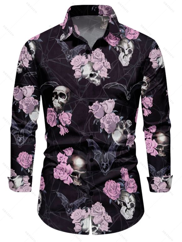 Chemise gothique à manches longues pour homme, motif tête de mort, rose, chauve-souris, pour Halloween - Noir 5XL