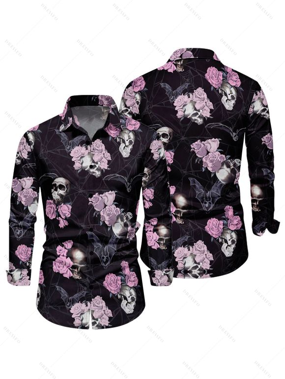 Chemise gothique à manches longues pour homme, motif tête de mort, rose, chauve-souris, pour Halloween - Noir XL