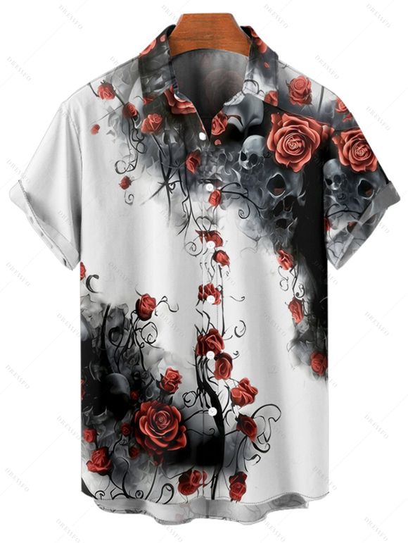 Chemise boutonnée gothique pour homme, motif tête de mort et roses, pour Halloween - Blanc 2XL