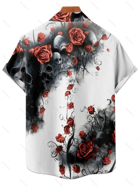 Chemise boutonnée gothique pour homme, motif tête de mort et roses, pour Halloween - Blanc 2XL
