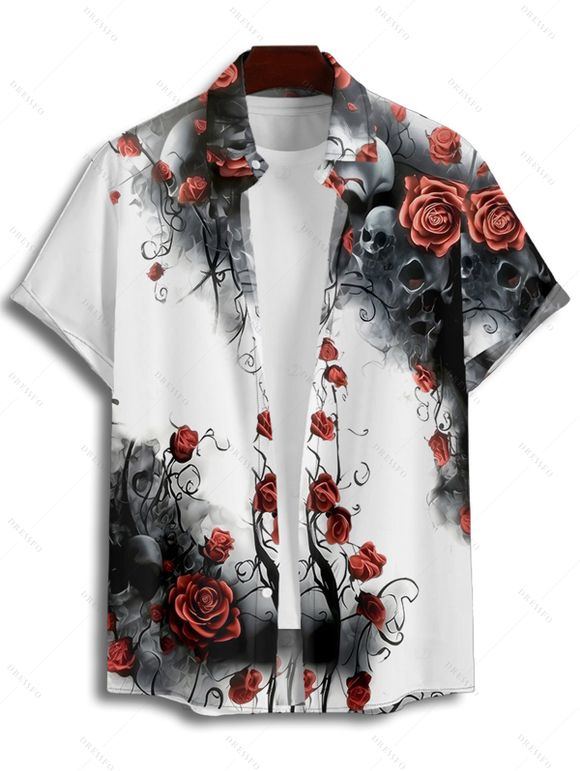 Chemise boutonnée gothique pour homme, motif tête de mort et roses, pour Halloween - Blanc 2XL