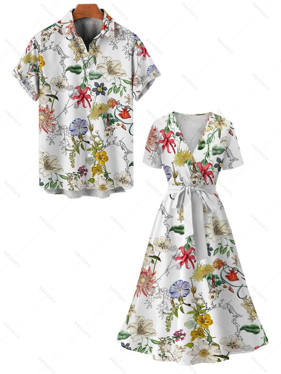 Vacation Couple Outfit Floral Leaf Print Belt Midi Dress and Shirt Matching Set - Blanc S | US 4