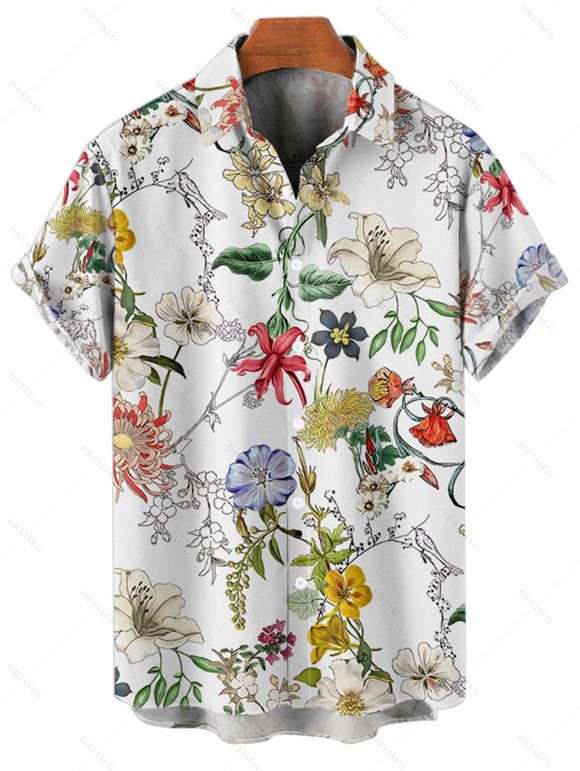 Chemise de vacances pour homme, décontractée, boutonnée, à imprimé floral et feuilles - Blanc L