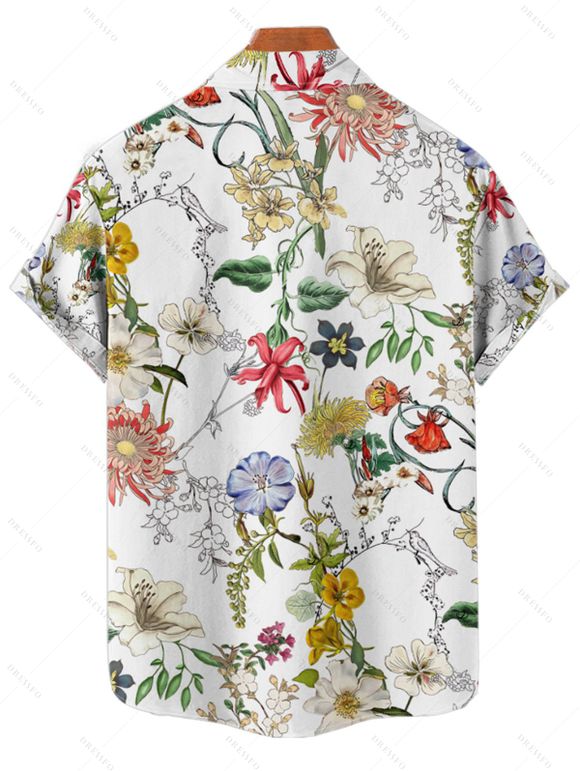 Chemise de vacances pour homme, décontractée, boutonnée, à imprimé floral et feuilles - Blanc L
