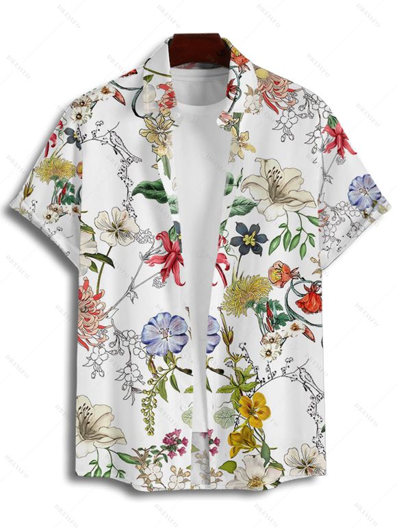 Chemise de vacances pour homme, décontractée, boutonnée, à imprimé floral et feuilles - Blanc L