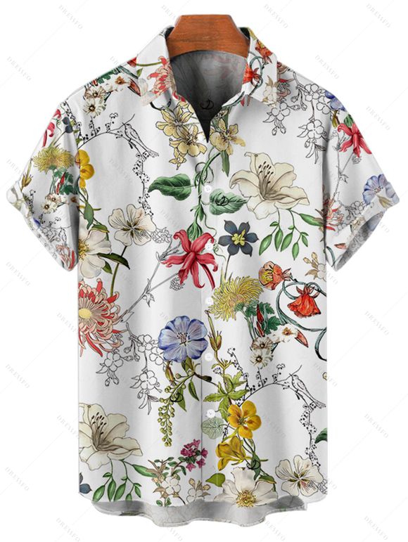 Vacation Couple Outfit Floral Leaf Print Belt Midi Dress and Shirt Matching Set - Blanc S | US 4