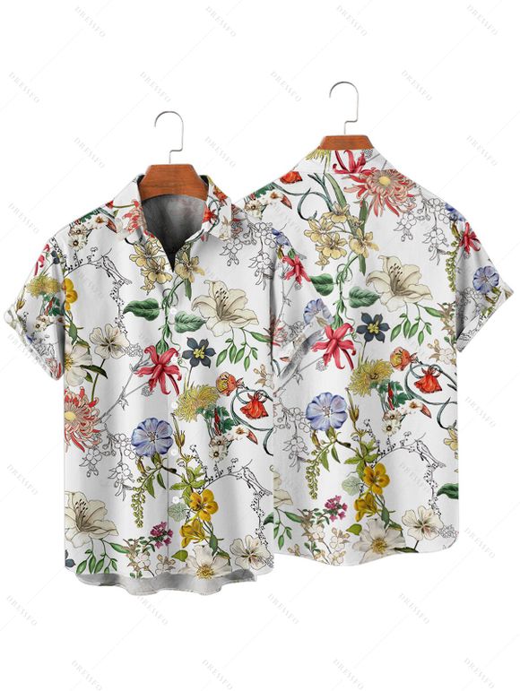 Chemise de vacances pour homme, décontractée, boutonnée, à imprimé floral et feuilles - Blanc L