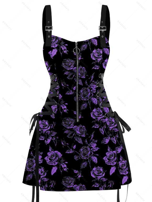 Gothic Couple Outfit for Vacation Rose Floral Print Lace Up Buckle Strap Mini Dress and Shirt Set - Noir S | US 4