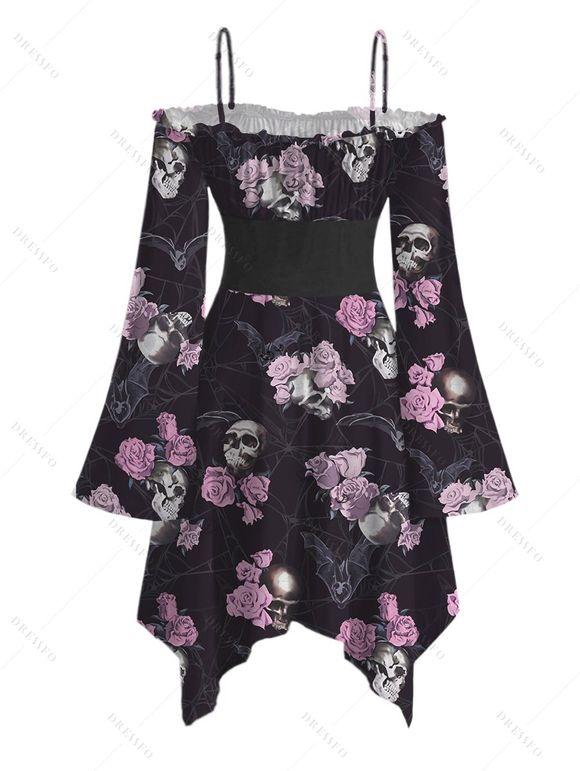 Gothic Couple Outfit for Halloween Rose Skulls Bat Print Lace Up Handkerchief Dress and Shirt Set - Noir S | US 4