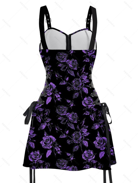 Gothic Couple Outfit for Vacation Rose Floral Print Lace Up Buckle Strap Mini Dress and Shirt Set - Noir S | US 4