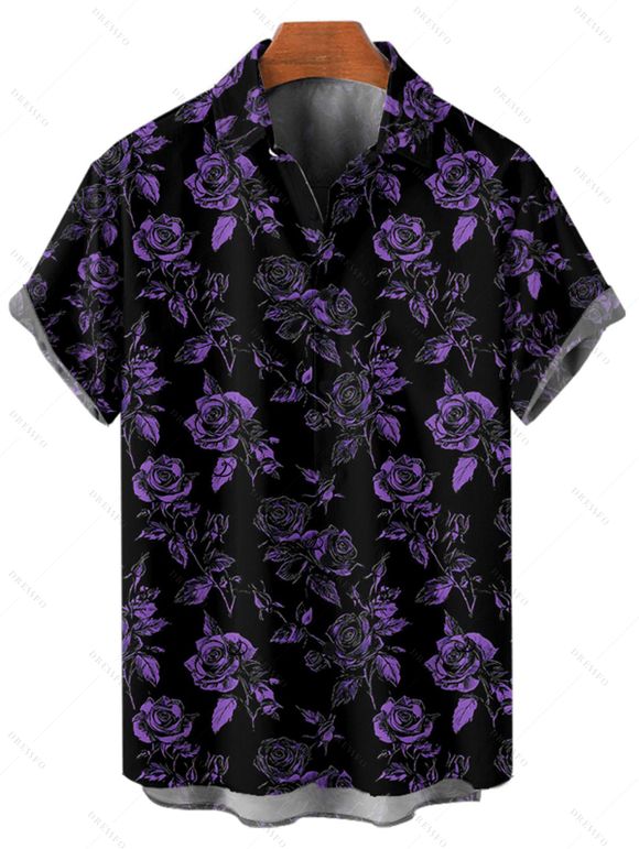 Gothic Couple Outfit for Vacation Rose Floral Print Lace Up Buckle Strap Mini Dress and Shirt Set - Noir S | US 4