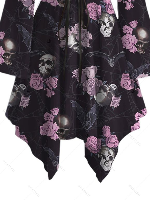 Gothic Couple Outfit for Halloween Rose Skulls Bat Print Lace Up Handkerchief Dress and Shirt Set - Noir S | US 4
