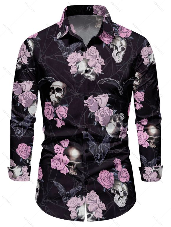 Gothic Couple Outfit for Halloween Rose Skulls Bat Print Lace Up Handkerchief Dress and Shirt Set - Noir S | US 4