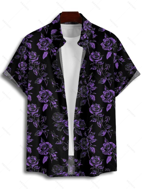 Gothic Couple Outfit for Vacation Rose Floral Print Lace Up Buckle Strap Mini Dress and Shirt Set - Noir S | US 4