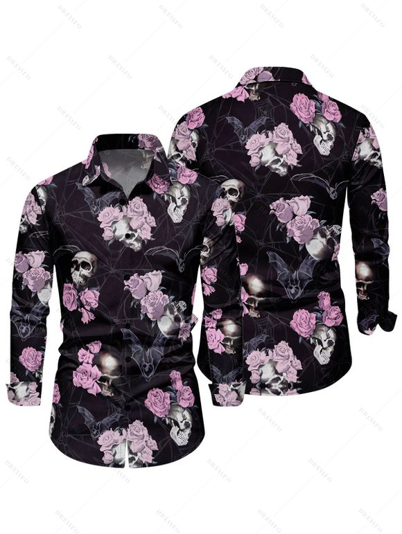 Gothic Couple Outfit for Halloween Rose Skulls Bat Print Lace Up Handkerchief Dress and Shirt Set - Noir S | US 4