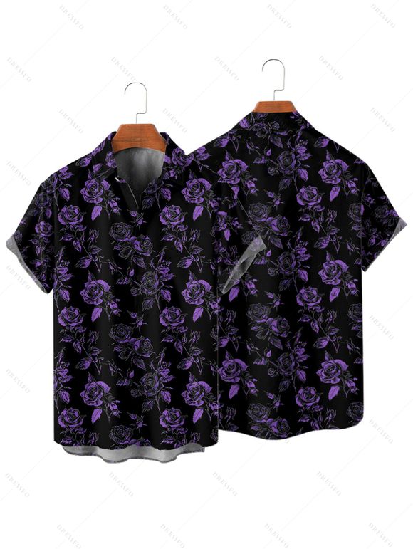 Gothic Couple Outfit for Vacation Rose Floral Print Lace Up Buckle Strap Mini Dress and Shirt Set - Noir S | US 4