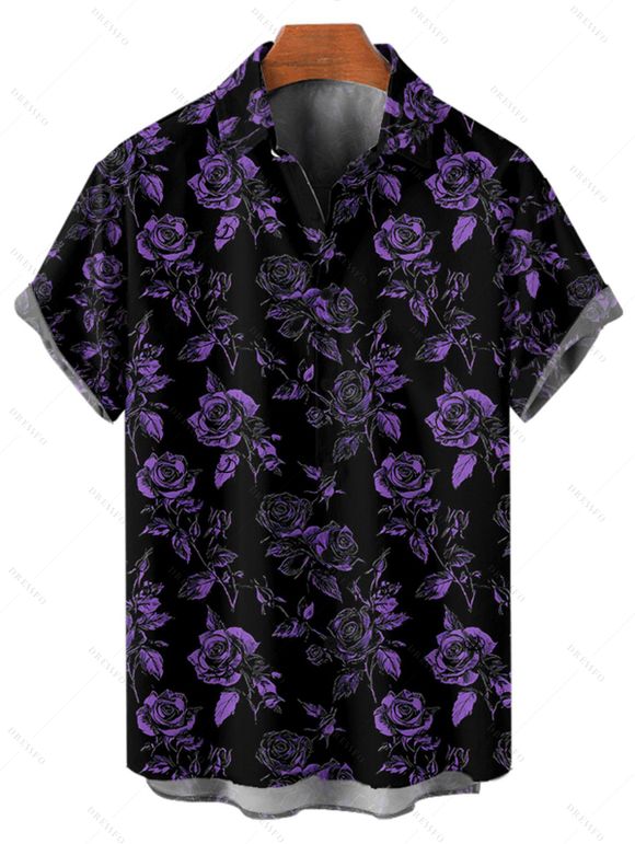 Chemise boutonnée à imprimé floral rose pour homme, style gothique, idéale pour les vacances - Noir 5XL