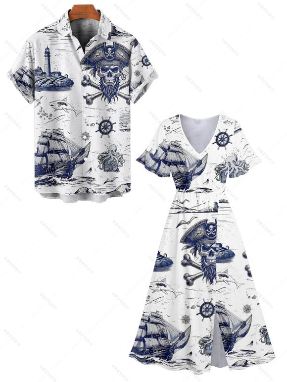 Vacation Couple Outfit Octopus Skulls Pirate Print Midi Slit Dress and Shirt Set for Beach - Bleu S | US 4