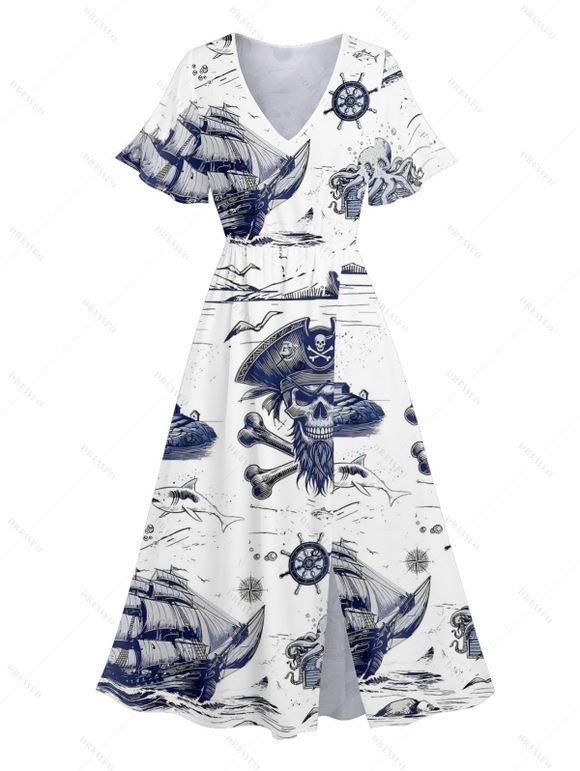 Vacation Couple Outfit Octopus Skulls Pirate Print Midi Slit Dress and Shirt Set for Beach - Bleu S | US 4