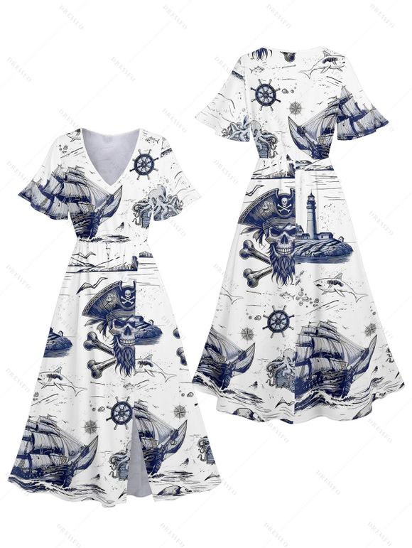 Vacation Couple Outfit Octopus Skulls Pirate Print Midi Slit Dress and Shirt Set for Beach - Bleu S | US 4