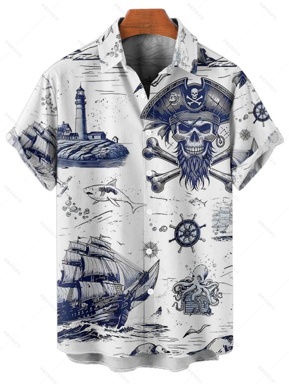 Vacation Couple Outfit Octopus Skulls Pirate Print Midi Slit Dress and Shirt Set for Beach - Bleu S | US 4