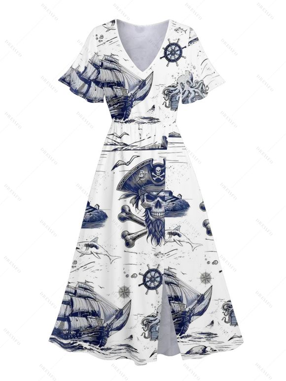 Robe mi-longue fendue à imprimé crânes de poulpe et pirate pour la plage - Bleu S | US 4