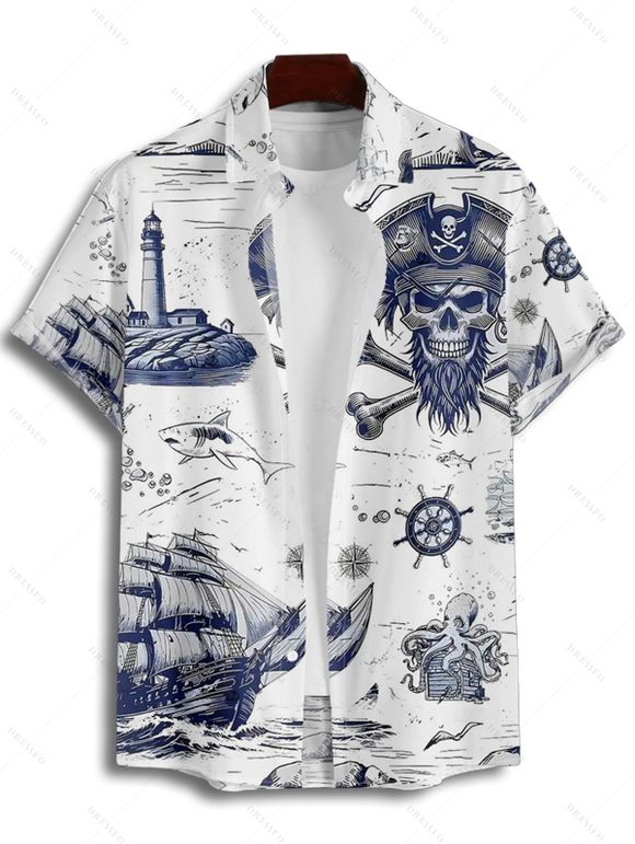 Vacation Couple Outfit Octopus Skulls Pirate Print Midi Slit Dress and Shirt Set for Beach - Bleu S | US 4