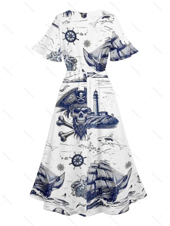 Robe mi-longue fendue à imprimé crânes de poulpe et pirate pour la plage - Bleu S | US 4