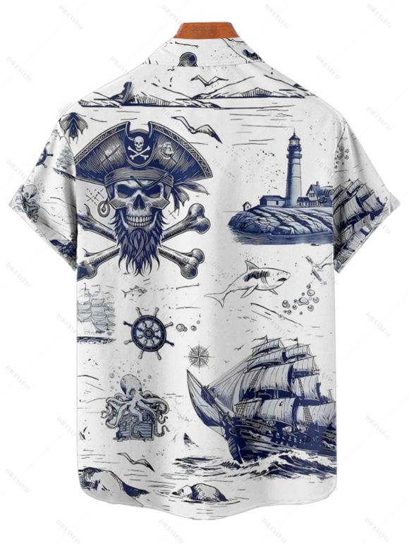 Vacation Couple Outfit Octopus Skulls Pirate Print Midi Slit Dress and Shirt Set for Beach - Bleu S | US 4