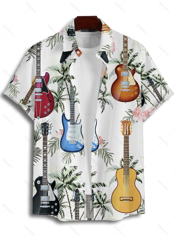 Chemise de vacances pour homme, boutonnée, imprimé cocotier et guitare, pour la plage - multicolor 4XL