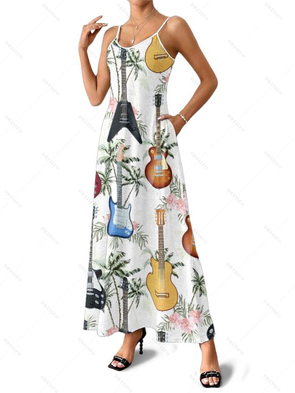 Vacation Couple Outfit for Beach Coconut Tree Guitar Print Pocket Spaghetti Strap Long Dress and Shirt Set - multicolor S | US 4