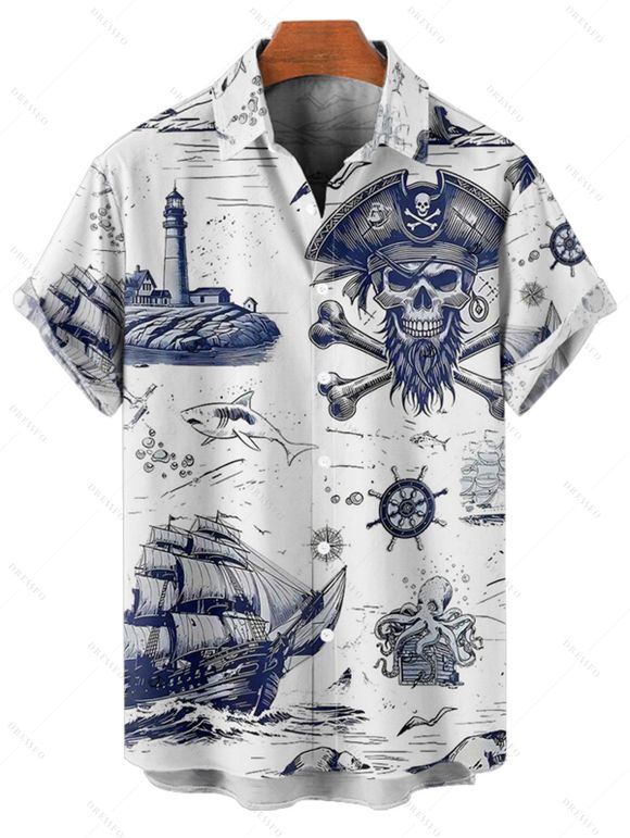 Chemise de vacances pour homme, imprimé tête de mort de poulpe, chemise boutonnée pour la plage - Bleu 5XL