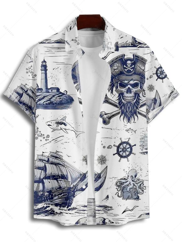 Chemise de vacances pour homme, imprimé tête de mort de poulpe, chemise boutonnée pour la plage - Bleu 4XL