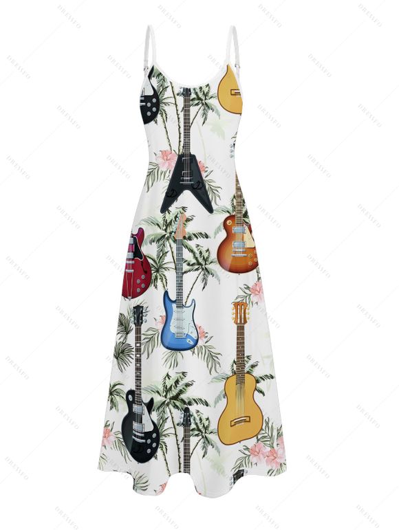 Vacation Couple Outfit for Beach Coconut Tree Guitar Print Pocket Spaghetti Strap Long Dress and Shirt Set - multicolor S | US 4