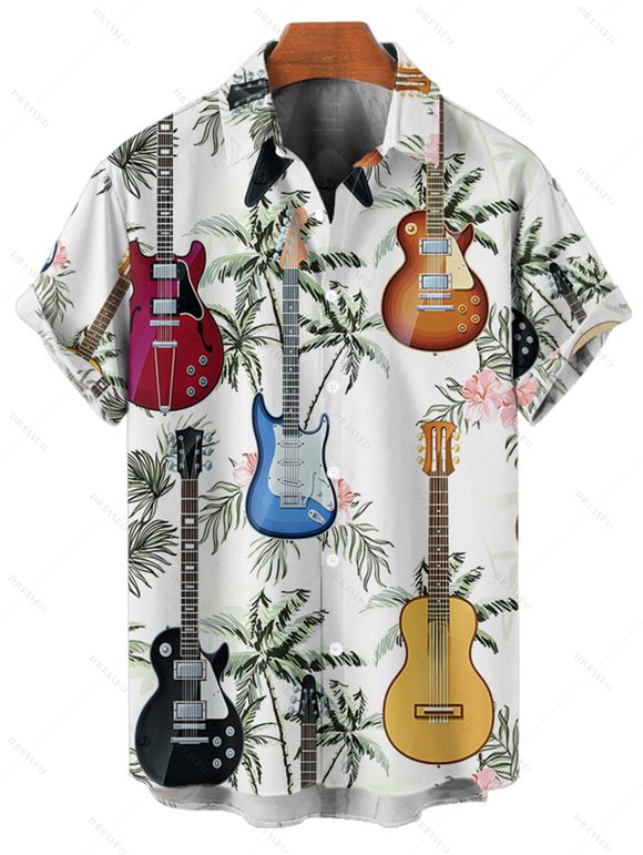 Vacation Couple Outfit for Beach Coconut Tree Guitar Print Pocket Spaghetti Strap Long Dress and Shirt Set - multicolor S | US 4