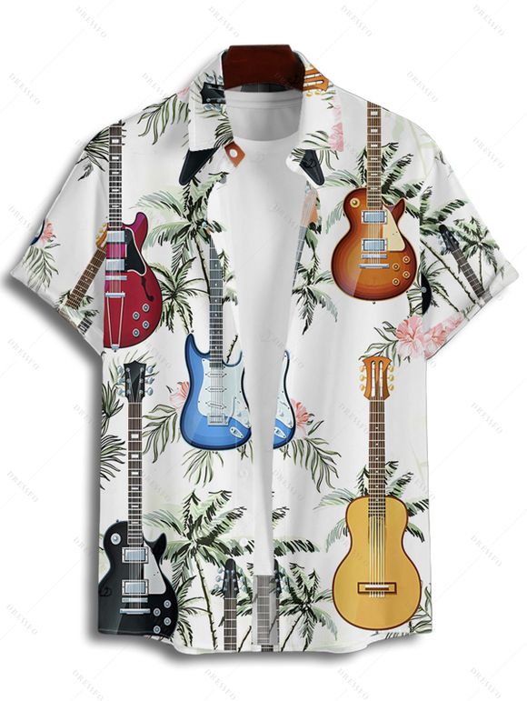 Vacation Couple Outfit for Beach Coconut Tree Guitar Print Pocket Spaghetti Strap Long Dress and Shirt Set - multicolor S | US 4