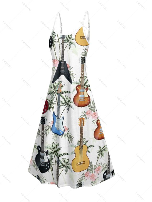 Robe de vacances à imprimé guitare et cocotier, longue robe à bretelles spaghetti et poches pour la plage - multicolor S | US 4