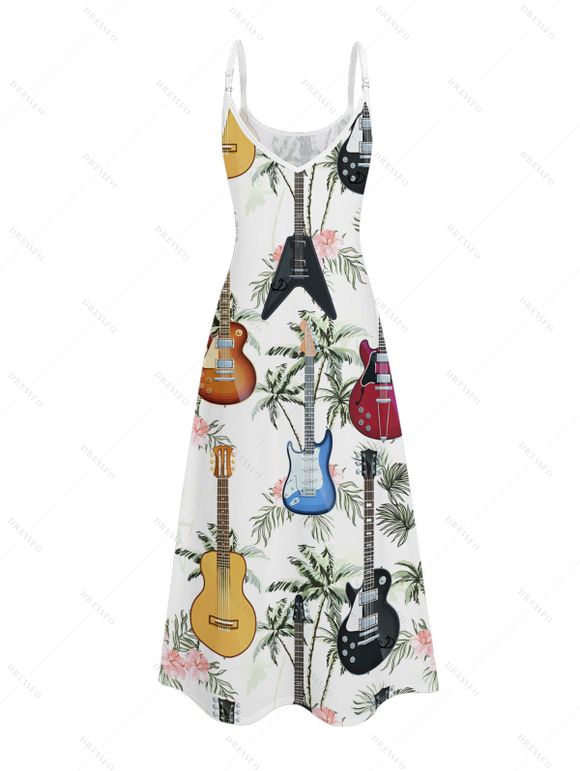 Robe de vacances à imprimé guitare et cocotier, longue robe à bretelles spaghetti et poches pour la plage - multicolor S | US 4