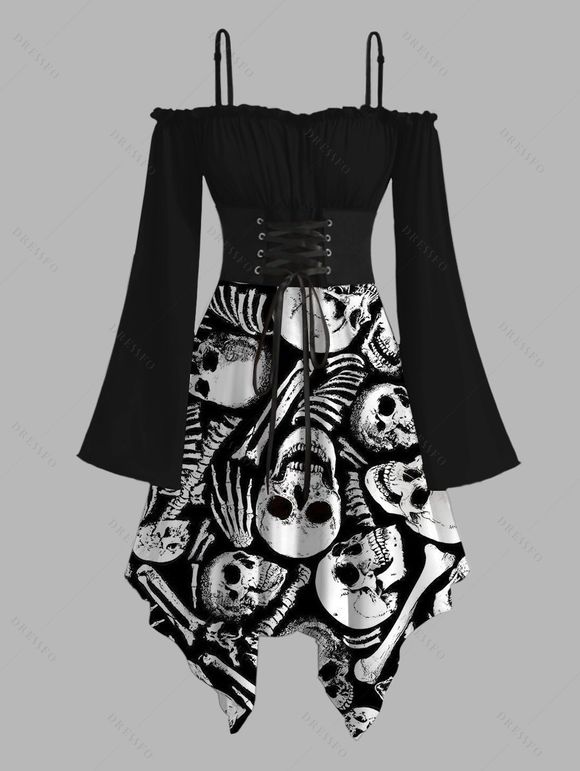 Skull Skeleton Print Gothic Dress Lace Up Off the Shoulder Handkerchief Dress for Halloween - BLACK M | US 6