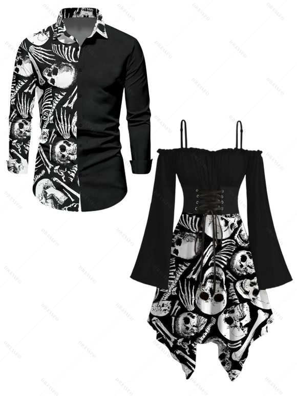 Gothic Couple Outfit for Halloween Skull Skeleton Print Lace Up Handkerchief Dress and Shirt Set - Noir S | US 4