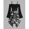 Gothic Couple Outfit for Halloween Skull Skeleton Print Lace Up Handkerchief Dress and Shirt Set - Noir S | US 4
