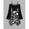 Gothic Couple Outfit for Halloween Skull Skeleton Print Lace Up Handkerchief Dress and Shirt Set - Noir S | US 4