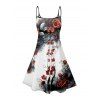 Robe gothique à imprimé tête de mort et roses, mini-robe à bretelles spaghetti peinte à l'encre pour Halloween - Blanc S | US 4