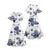 Vacation Couple Outfit Octopus Skulls Pirate Print Midi Slit Dress and Shirt Set for Beach - Bleu S | US 4