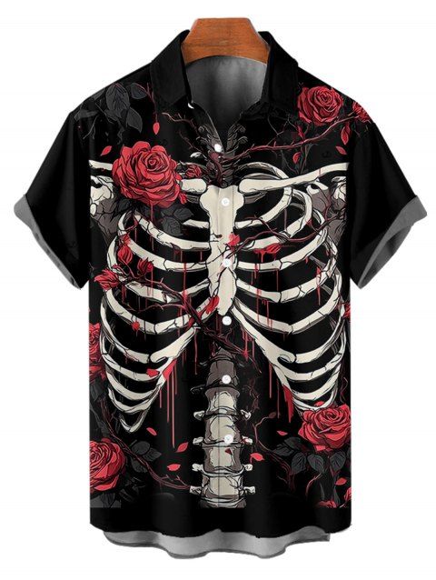 Chemise boutonnée gothique pour homme, motif squelette et roses, pour Halloween