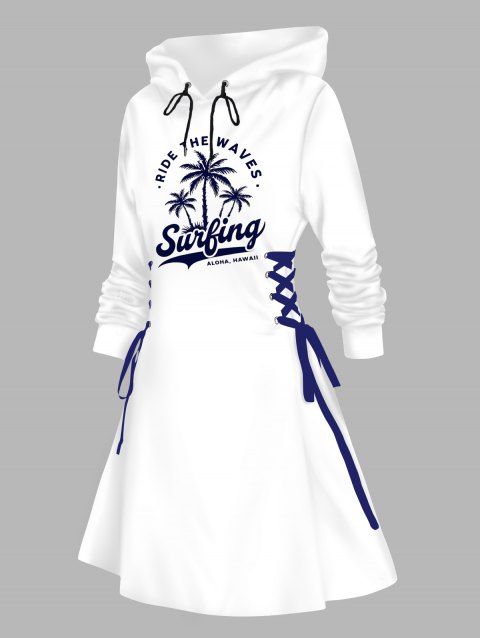 Robe de vacances à capuche, imprimé cocotier, mini-robe à lacets et cordons de serrage pour la plage