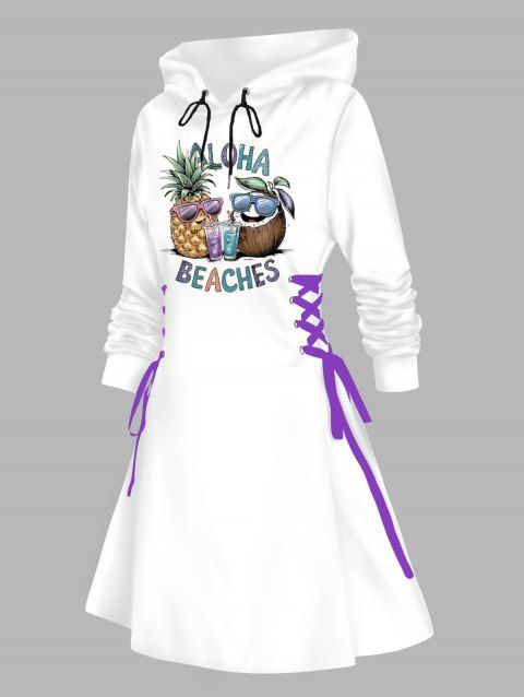 Robe de vacances à capuche pour la plage, imprimé ananas, mini-robe à lacets et cordons de serrage
