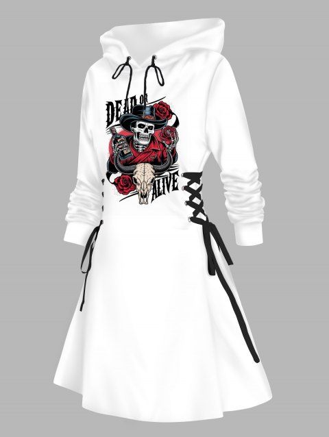Robe à capuche gothique avec imprimé tête de mort et rose, mini-robe à lacets et cordons de serrage pour Halloween