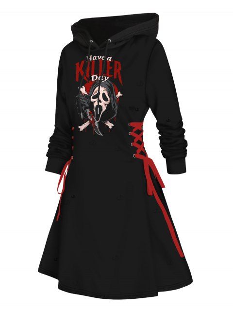 Robe à capuche gothique, imprimé crânes, lettres, couteau, cordons de serrage, mini-robe à lacets pour Halloween