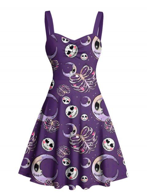 Robe gothique pour Halloween, mini-robe froncée à imprimé crânes, squelette et lune